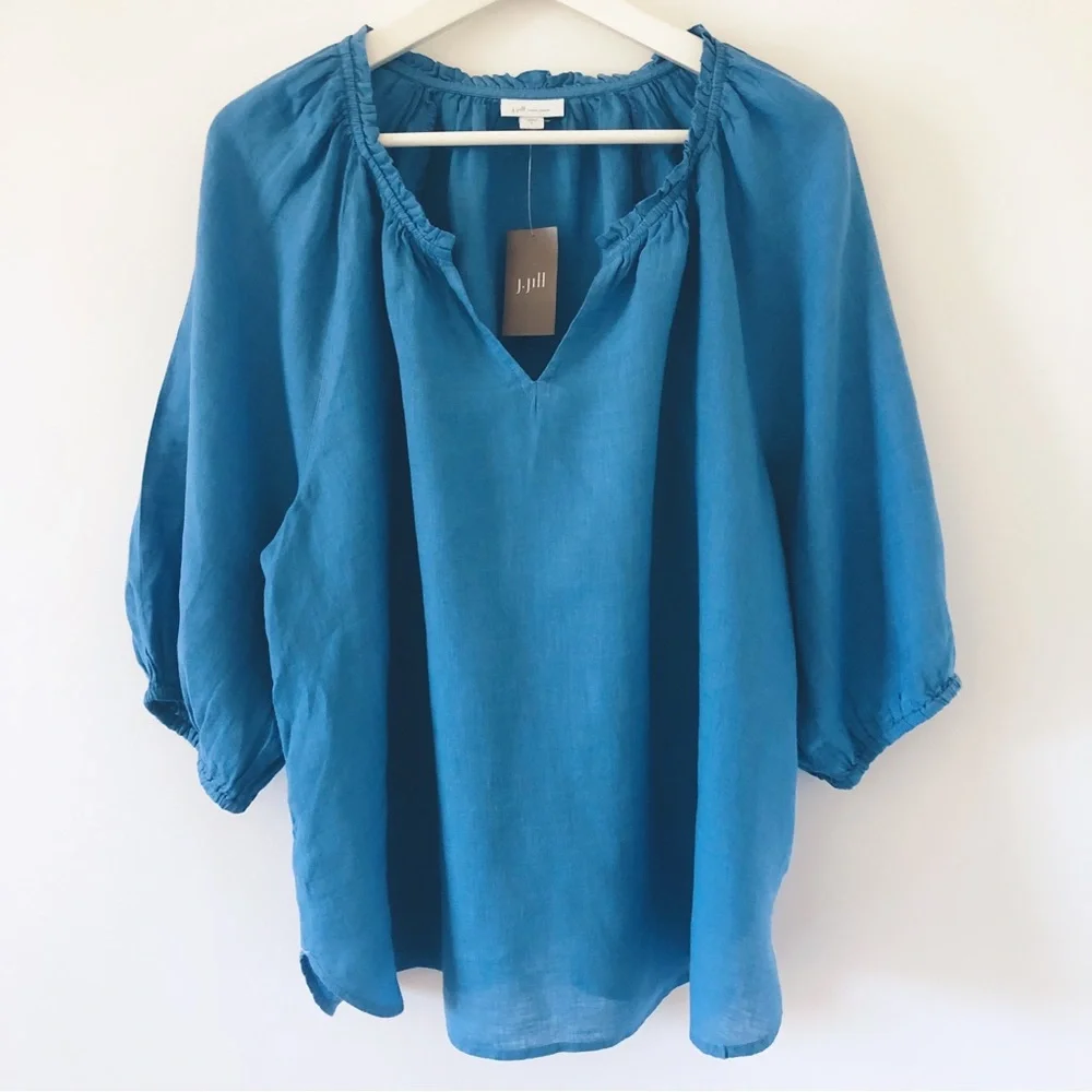 NWT J. Jill Relaxed Linen Peasant Top Cerulean Blue Size L Lagenlook - Picture 2 of 9